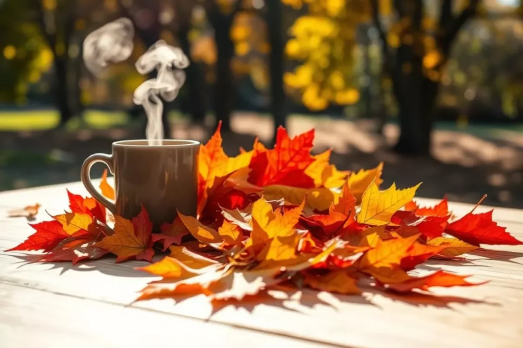 Cozy Fall Morning Images Featuring Leaves, Coffee, and Sunlight