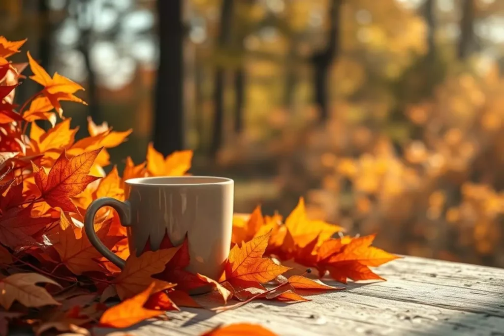 Cozy Fall Morning Images Featuring Leaves, Coffee, and Sunlight