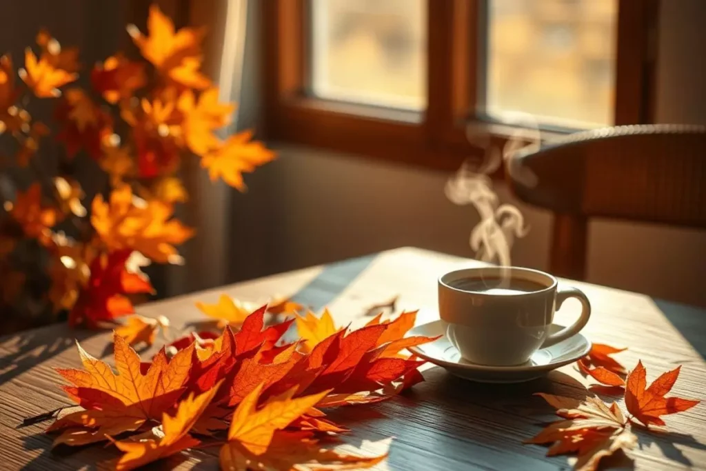 Cozy Fall Morning Images Featuring Leaves, Coffee, and Sunlight